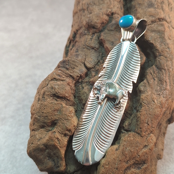 Vintage Turquoise Sterling Silver Native American Buffalo Feather Pendant Signed - Picture 1 of 4